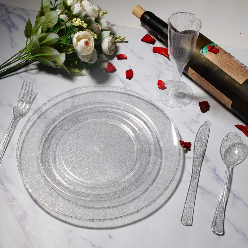 I00000 144Pcs Silver Glitter Dessert Plates Set, Includes 72Pcs Plastic Dessert Plates 7.5",72Pcs Silver Forks 7.4", Plastic Salad Plates for Birthday, Wedding & Party - Image 5
